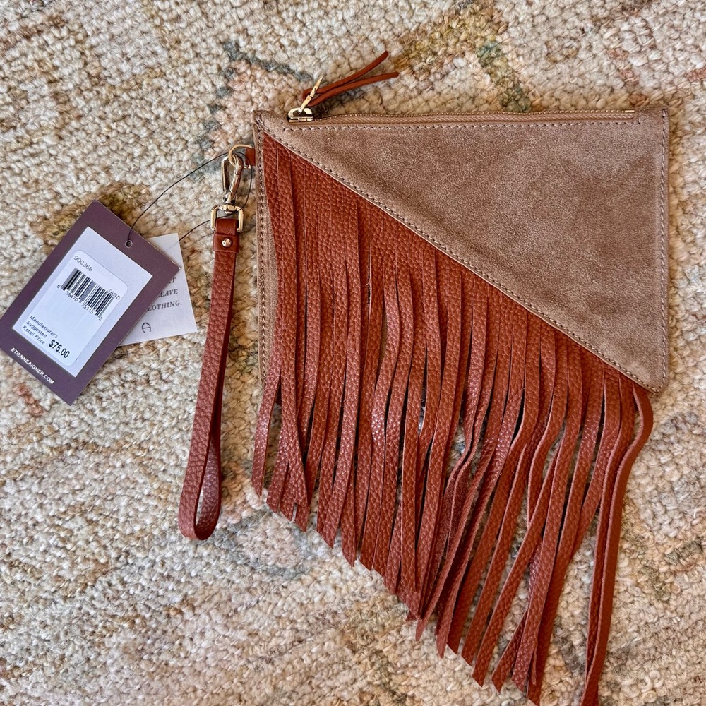 Etienne Aigner Tan and Brown Fringed Wristlet